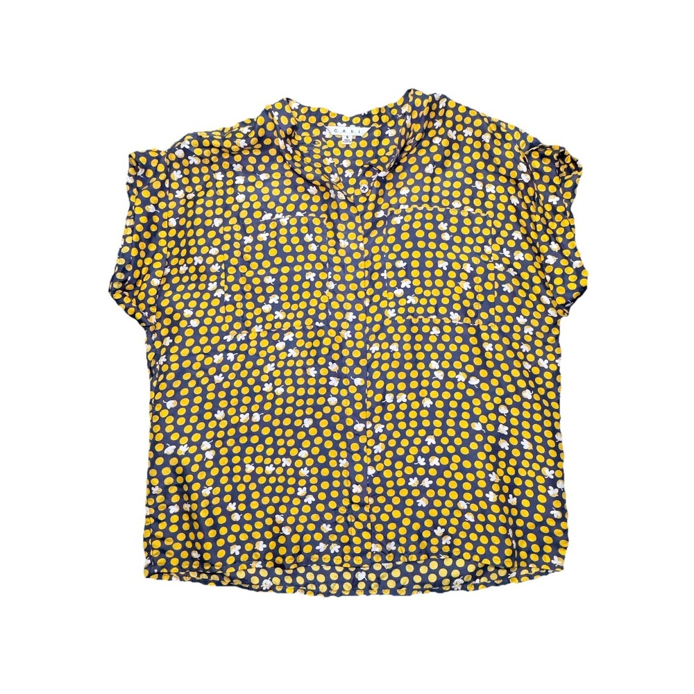 CAbi 100% Silk Blouse Boxy Clover Polka Dots Gray Yellow Button Up Small